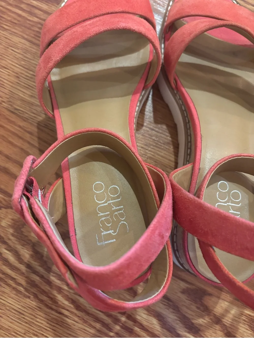 Franco Sarto Suede Ankle Strap Sandal Wedges Connolly Pink Coral Sz 7.5M